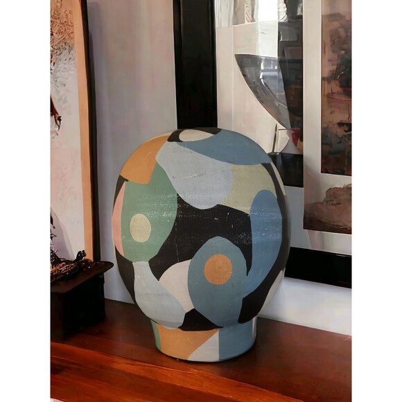 Art Deco Hand Painted Small Vase Terracotta Pink Blue Black Minor Wear 10" Tall